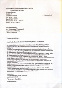 ANL-Stadtratsfraktion - Stadt Nordenham soll nördliche Ergänzung des CT IIIa ablehnen - Pressemitteilung vom 17. Oktober 2000
