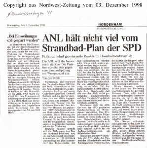 ANL hält nicht viel vom Strandbad-Plan der SPD - Nordwest-Zeitung vom 03. Dezember 1998
