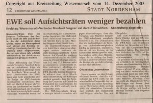 EWE soll Aufsichtsräten weniger zahlen - Kreiszeitung Wesermarsch vom 14. Dezember 2005