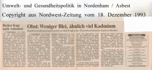 Gertrud Becker - Obstuntersuchungen - Weniger Blei, ähnlich viel Kadmium - Nordwest-Zeitung vom 18. Dezember 1993