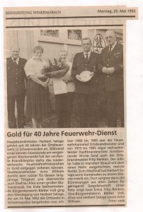 Gold für 40 Jahre Feuerwehr-Dienst - Kreiszeitung Wesermarsch vom 25. Mai  1992