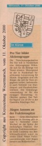 Jürgen Janssen - GAB - Pro Tier bildet  Aktionsgruppe - Kreiszeitung Wesermarsch den 11. Oktober 2000
