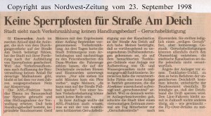 Keine Sperrpfosten für Straße Am Deich - Nordwest-Zeitung vom 23.September 1998
