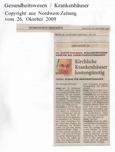 Kirchliche Krankenhäuser kostengünstig  - Nordwest-Zeitung vom 26. Oktober 2009