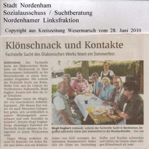 Klönschnack und Kontakte - Fachstelle Sucht des Diakonischen Werks - Kreiszeitung Wesermarsch vom 28. Juni 2010