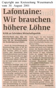 Lafontaine - Wir brauchen höhere Löhne - Kreiszeitung Wesermarsch vom 30.  August 2001