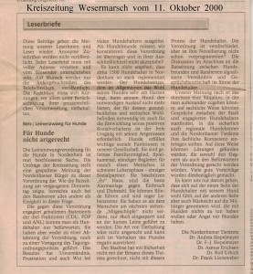 Leinenzwang für Hunde - Leserbrief - Kreiszeitung Wesermarsch den 11. Oktober 2000