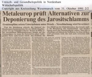 Metaleurop prüft  Alternativen zur Deponierung des Jarositschlamms - Kreiszeitung Wesermarsch vom 31. Oktober  1991 - Seite 2  von 2 Seiten