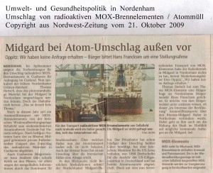 Midgard bei Atom-Umschlag außen vor - Nordwest-Zeitung vom 21. Oktober 2009