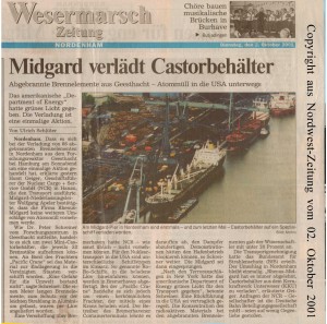 Midgard verlädt Castorbehälter - Nordwest-Zeitung vom 02. Oktober 2001