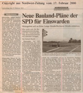 Neue Bauland-Pläne der SPD für Einswarden - Nordwest-Zeitung vom 17. Februar 2000