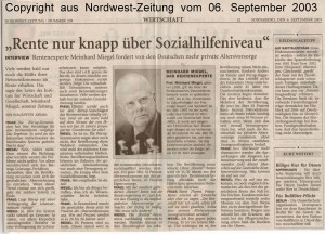 Rente nur knapp über Sozialhilfenieau - Nordwest-Zeitung vom 06. September 2003