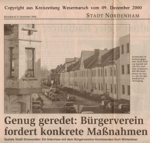 Soziale Stadt - Genug geredet - Bürgerverein fordert konkrete Maßnahmen - Kreiszeitung Wesermarsch vom 09. Dezember 2000 - Seite 1 von 2 Seiten