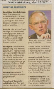 Soziale Streichliste des Bundesfinazministers Dr. Wolfgang Schäuble - Nordwest-Zeitung vom 02. September 2010