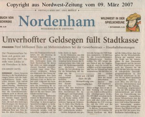 Unverhoffter Geldsegen füllt Stadtkasse - Nordwest-Zeitung vom 09. März 2007